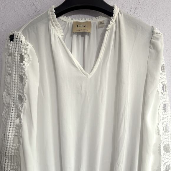 Elie Tahiti Women's White Blouse with Lace Sleeves Size S/P - Picture 3 of 7